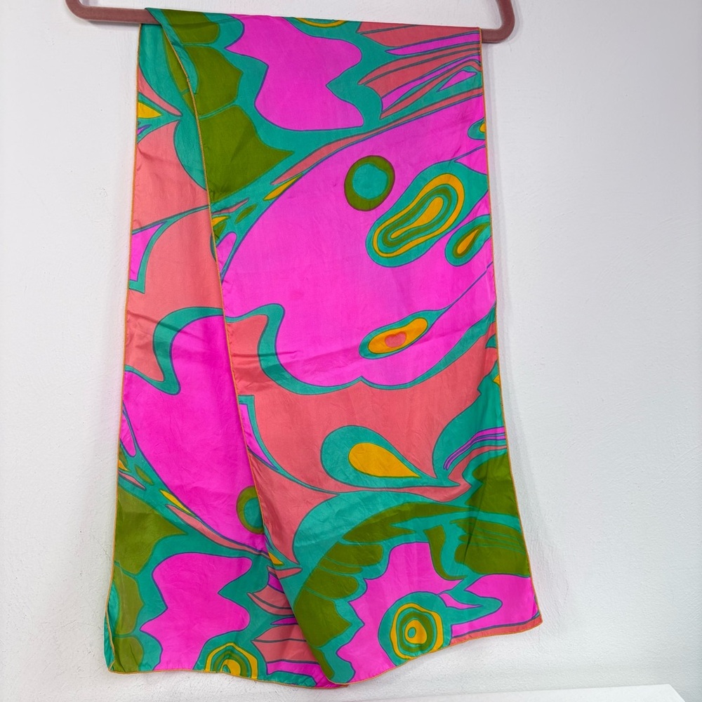 Vintage 60s Mod-Century Modern MCM Abstract Groovy Silk Feel Rectangular Scarf - Picture 3 of 17